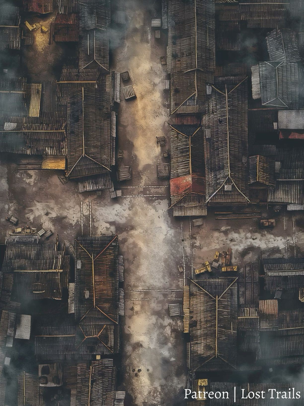 abandoned city map, carte de JDR post-apocalyptique (1224×1632 pixels) — battlemap pour Roll20 et Foundry VTT.