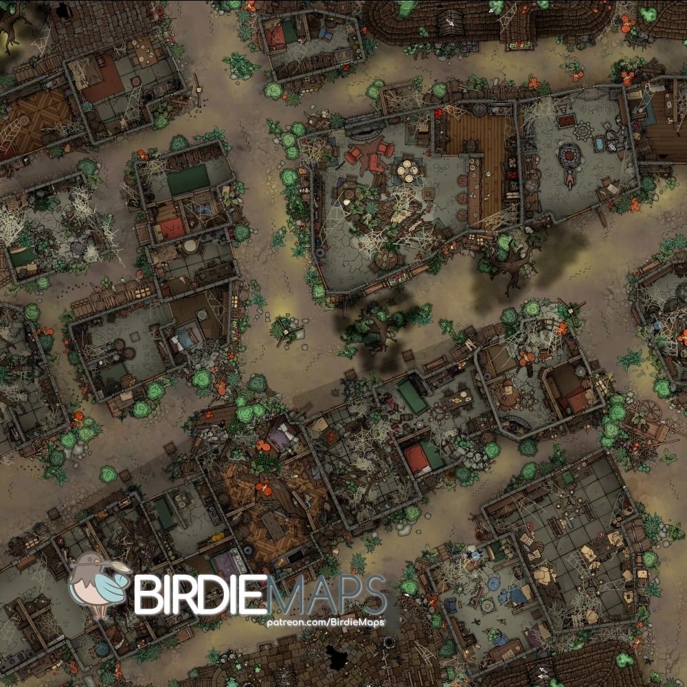 abandoned city map, carte de JDR post-apocalyptique (1000×1000 pixels) — battlemap pour Roll20 et Foundry VTT.