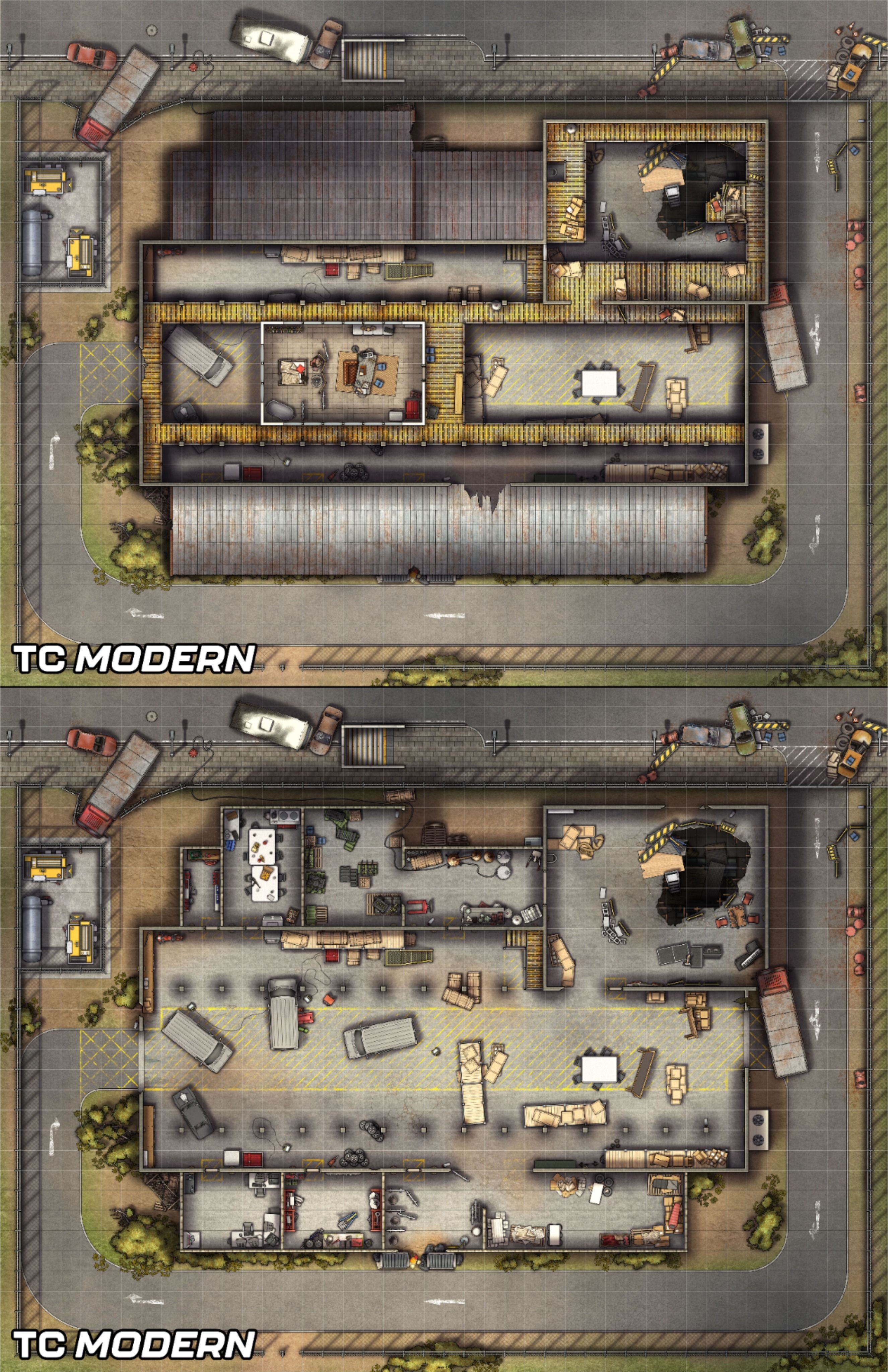 abandoned city map, carte de JDR post-apocalyptique (2651×4097 pixels) — battlemap pour Roll20 et Foundry VTT.