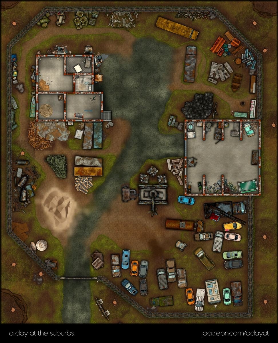 abandoned city map, carte de JDR post-apocalyptique (972×1200 pixels) — battlemap pour Roll20 et Foundry VTT.