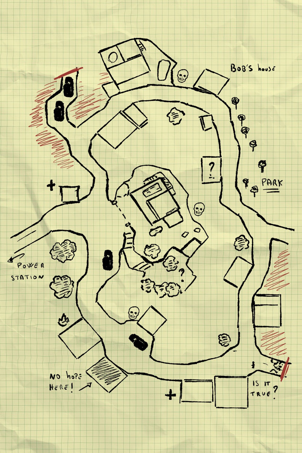 abandoned city map, carte de JDR post-apocalyptique (1000×1500 pixels) — battlemap pour Roll20 et Foundry VTT.
