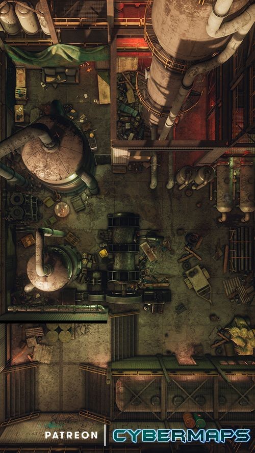 abandoned factory map, carte de JDR post-apocalyptique (500×889 pixels) — battlemap pour Roll20 et Foundry VTT.
