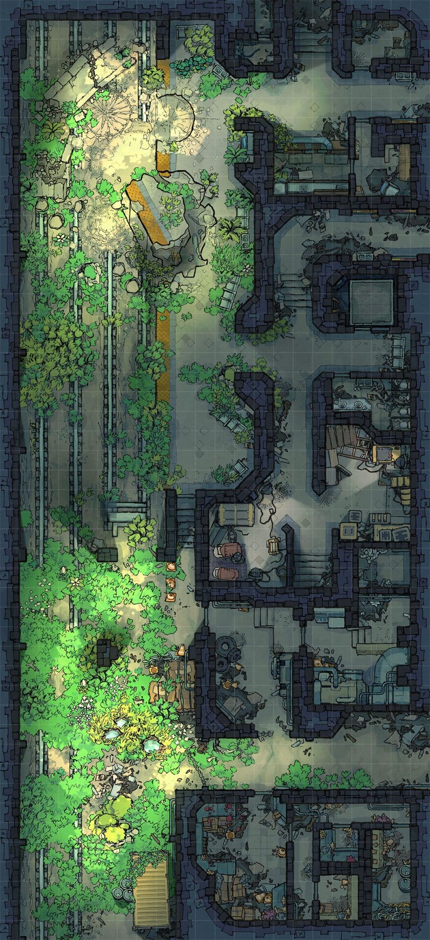 abandoned factory map, carte de JDR post-apocalyptique (880×1920 pixels) — battlemap pour Roll20 et Foundry VTT.