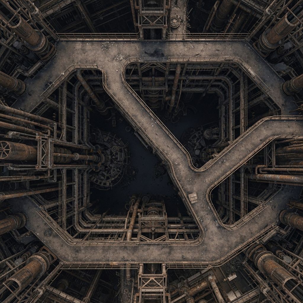 abandoned factory map, carte de JDR post-apocalyptique (1024×1024 pixels) — battlemap pour Roll20 et Foundry VTT.