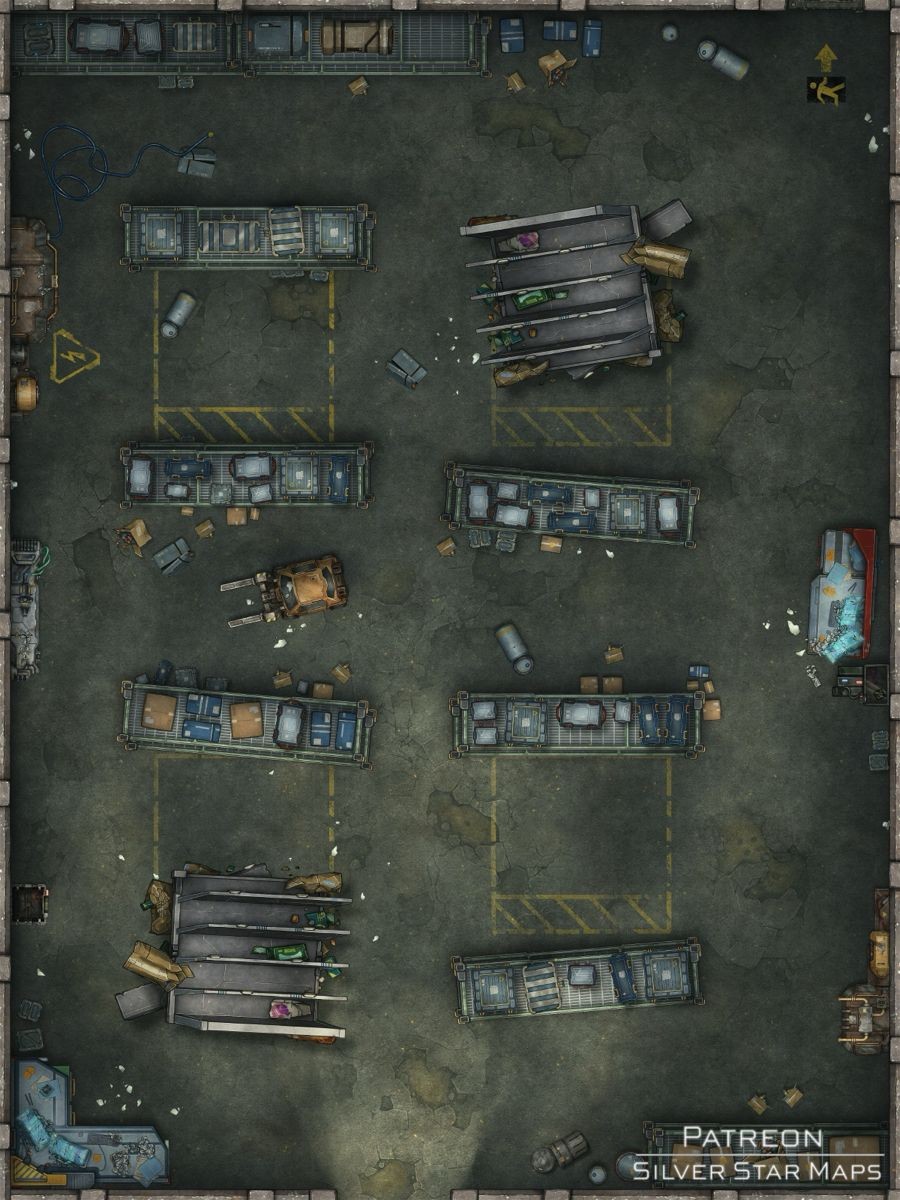 abandoned factory map, carte de JDR post-apocalyptique (900×1200 pixels) — battlemap pour Roll20 et Foundry VTT.