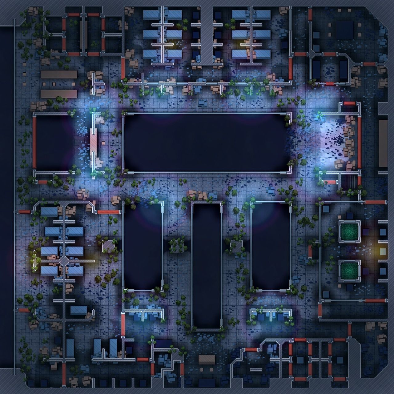 abandoned factory map, carte de JDR post-apocalyptique (1280×1280 pixels) — battlemap pour Roll20 et Foundry VTT.