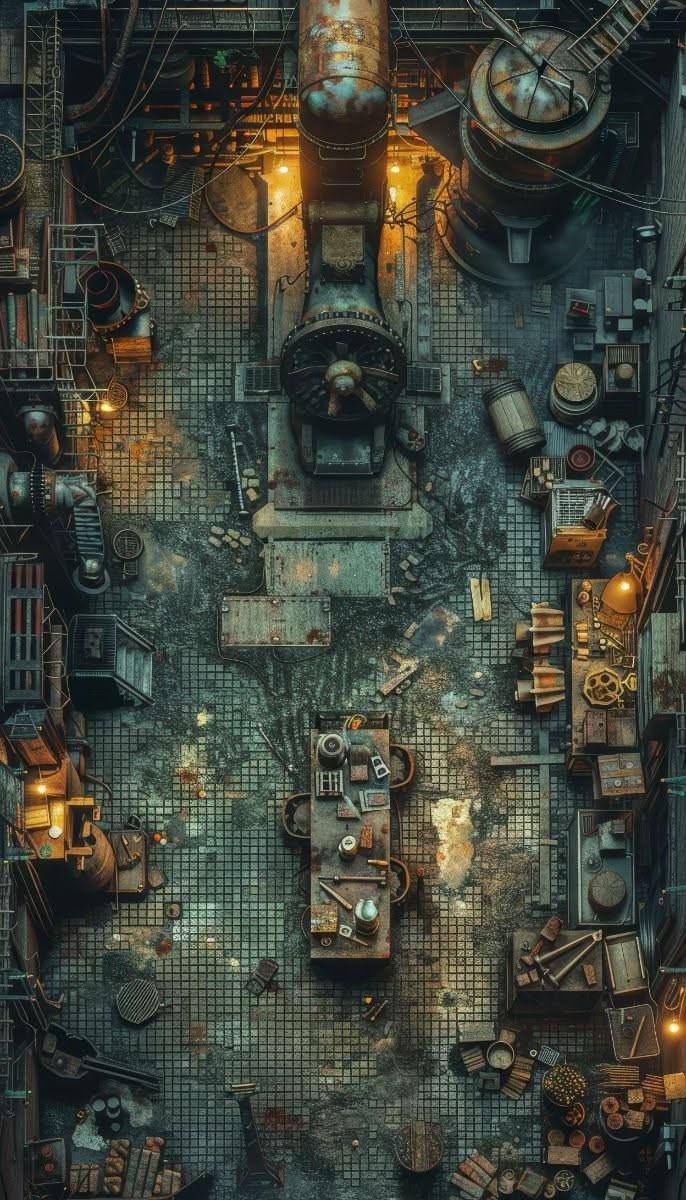 abandoned factory map, carte de JDR post-apocalyptique (686×1200 pixels) — battlemap pour Roll20 et Foundry VTT.