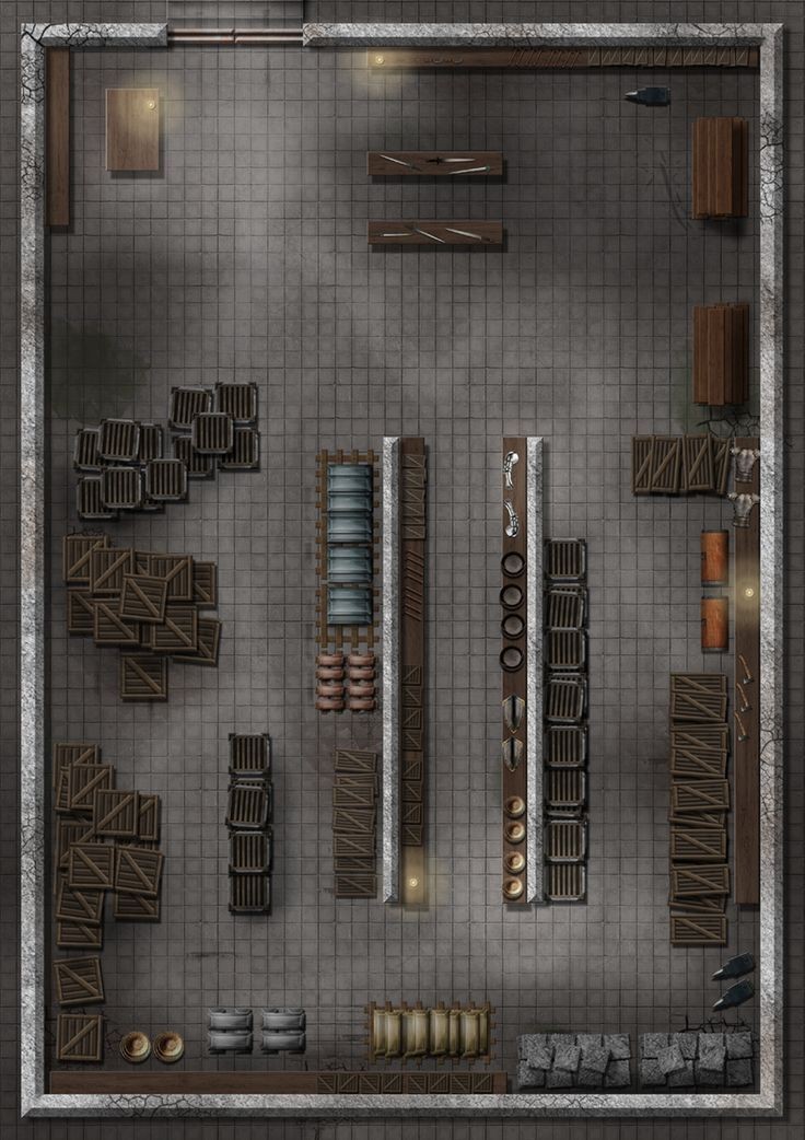 abandoned factory map, carte de JDR post-apocalyptique (736×1042 pixels) — battlemap pour Roll20 et Foundry VTT.