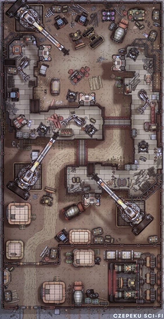 abandoned factory map, carte de JDR post-apocalyptique (564×1093 pixels) — battlemap pour Roll20 et Foundry VTT.