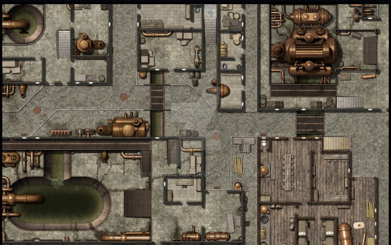 abandoned factory map, carte de JDR post-apocalyptique (1242×780 pixels) — battlemap pour Roll20 et Foundry VTT.