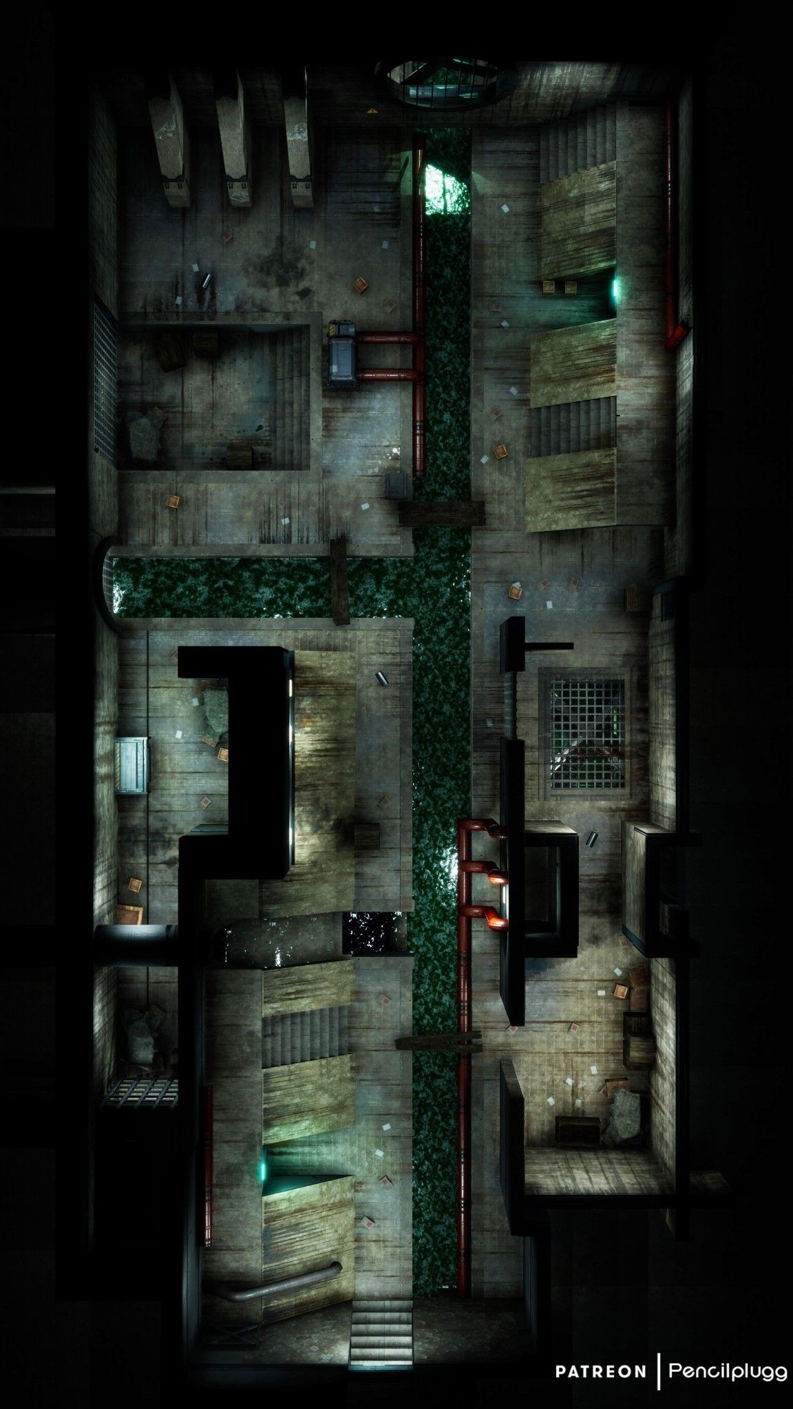 abandoned factory map, carte de JDR post-apocalyptique (1152×2048 pixels) — battlemap pour Roll20 et Foundry VTT.