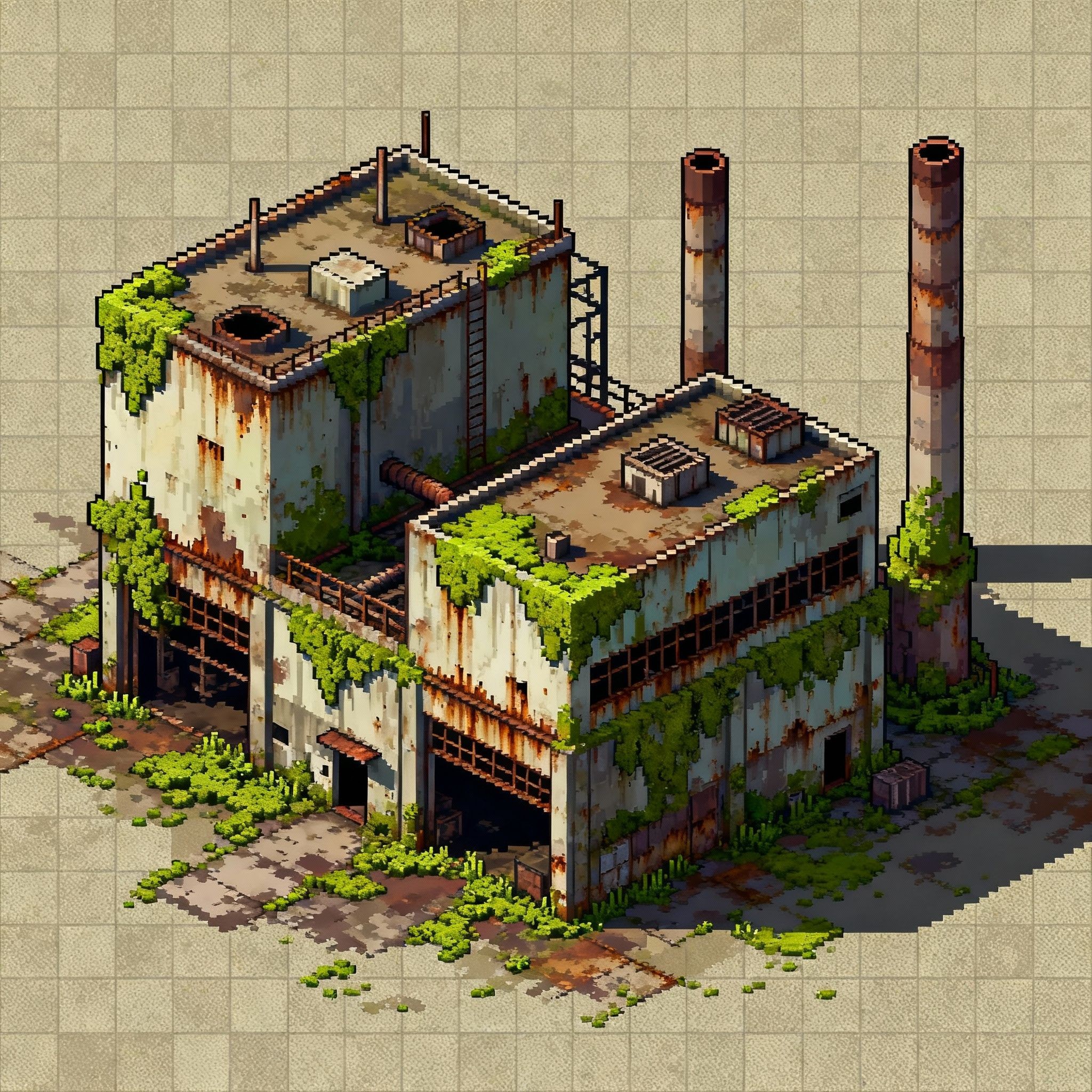 abandoned factory map, carte de JDR post-apocalyptique (2048×2048 pixels) — battlemap pour Roll20 et Foundry VTT.
