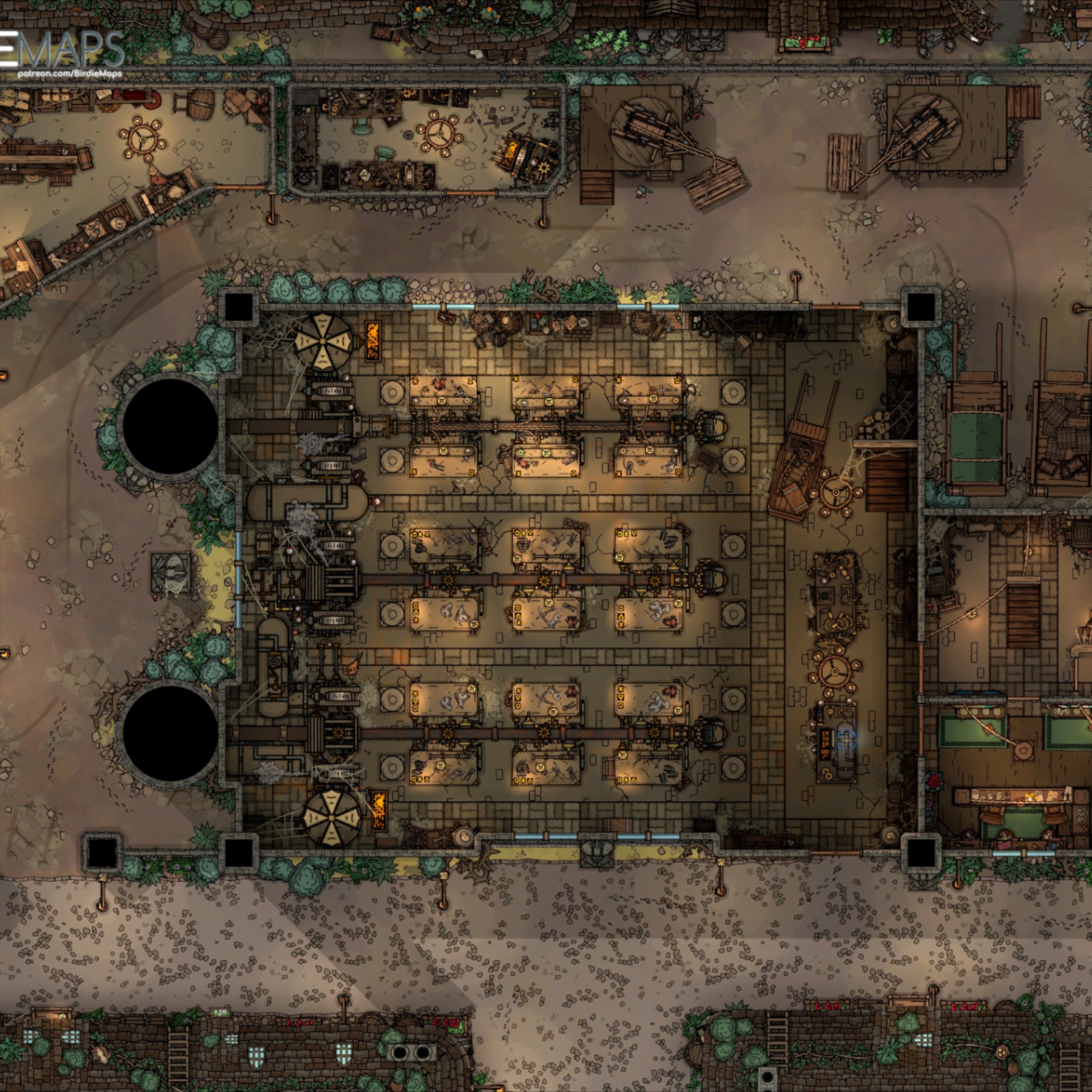abandoned factory map, carte de JDR post-apocalyptique (1764×1764 pixels) — battlemap pour Roll20 et Foundry VTT.