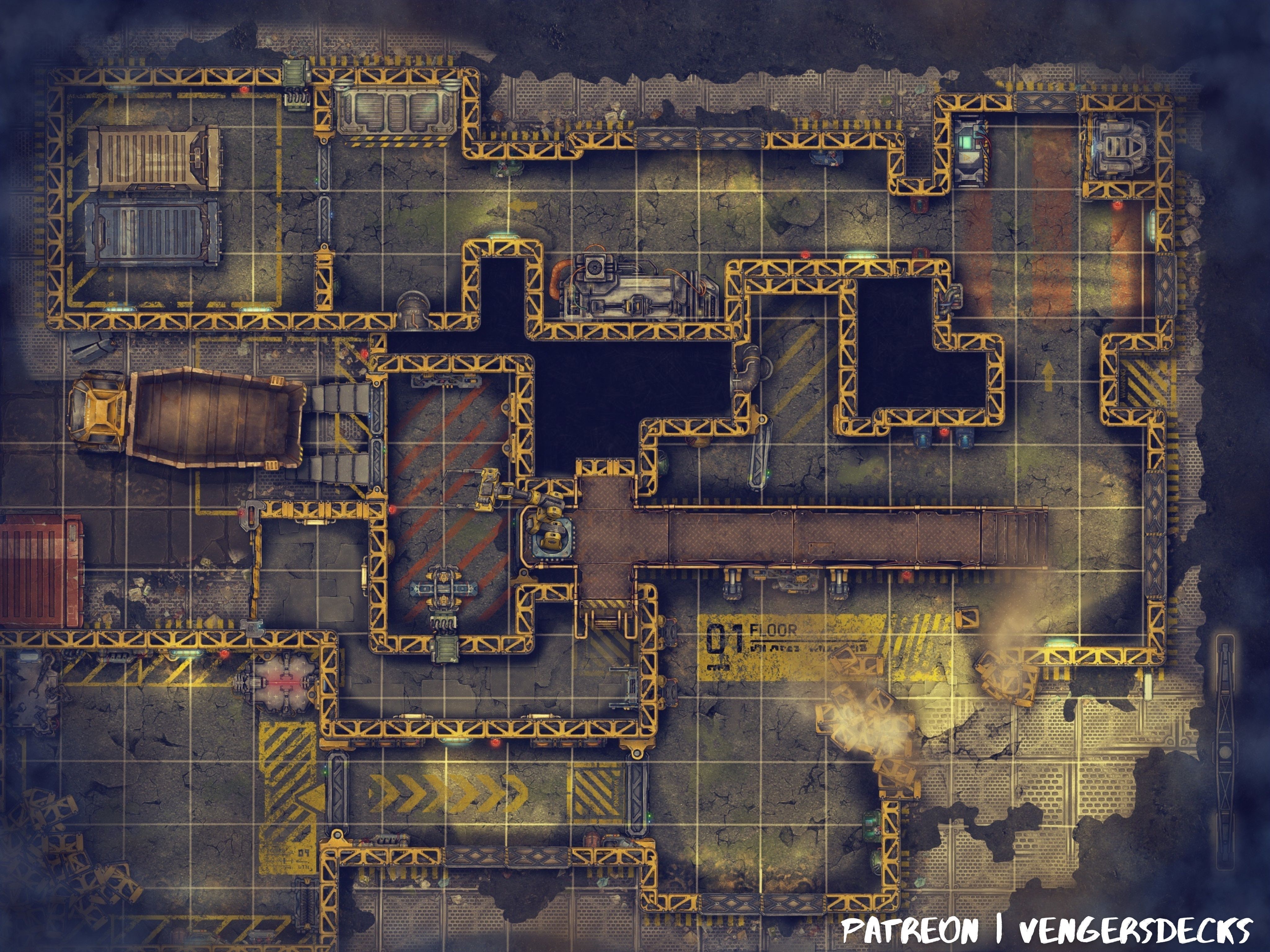 abandoned factory map, carte de JDR post-apocalyptique (4096×3072 pixels) — battlemap pour Roll20 et Foundry VTT.
