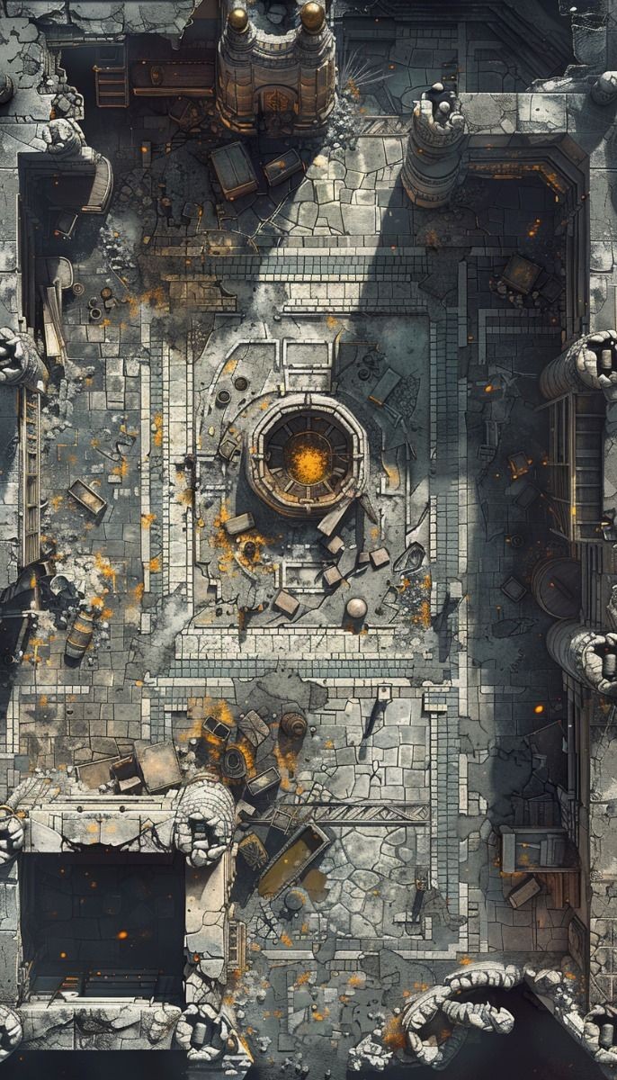 abandoned factory map, carte de JDR post-apocalyptique (686×1200 pixels) — battlemap pour Roll20 et Foundry VTT.