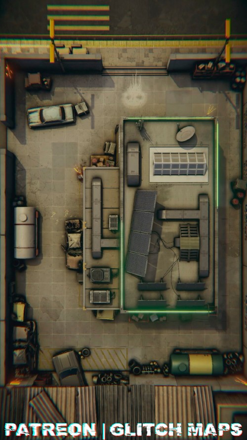 abandoned factory map, carte de JDR post-apocalyptique (500×889 pixels) — battlemap pour Roll20 et Foundry VTT.