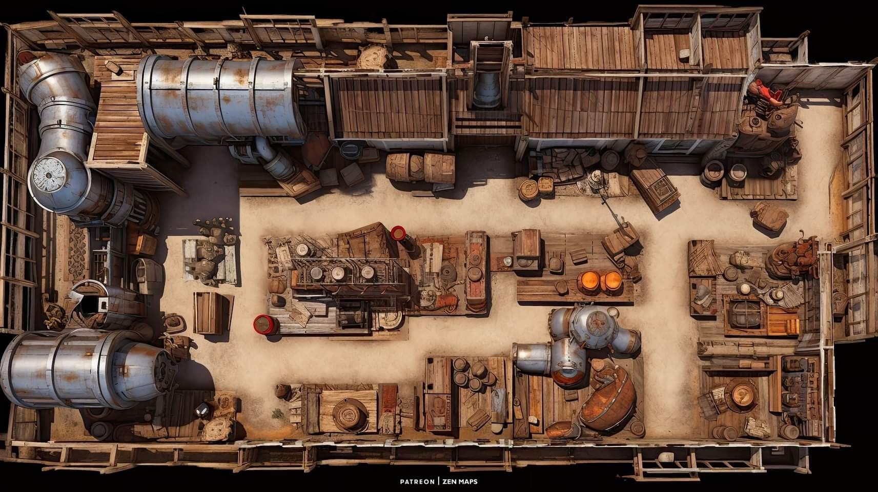 abandoned factory map, carte de JDR post-apocalyptique (1713×960 pixels) — battlemap pour Roll20 et Foundry VTT.