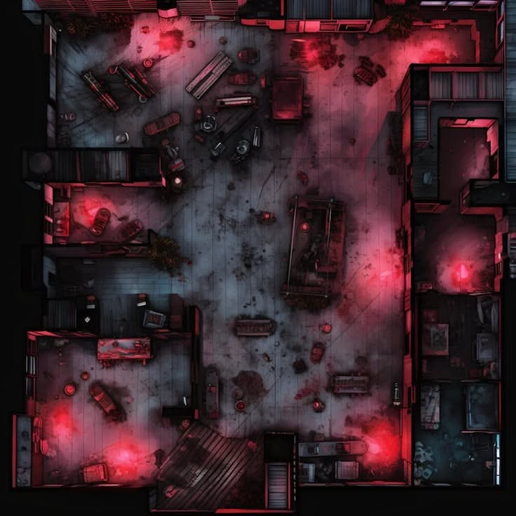 abandoned factory map, carte de JDR post-apocalyptique (736×736 pixels) — battlemap pour Roll20 et Foundry VTT.