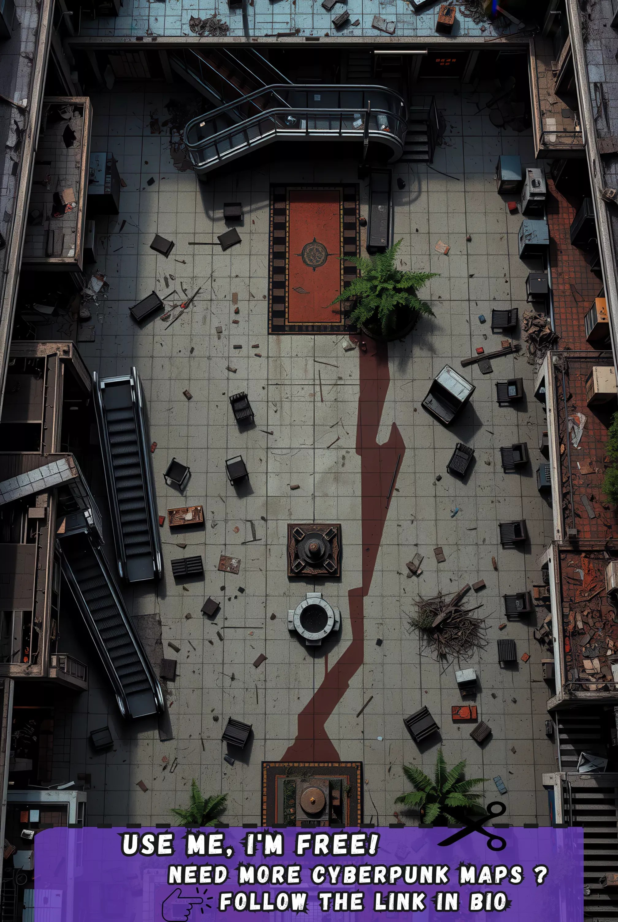 abandoned mall map, carte de JDR post-apocalyptique (2016×3008 pixels) — battlemap pour Roll20 et Foundry VTT.