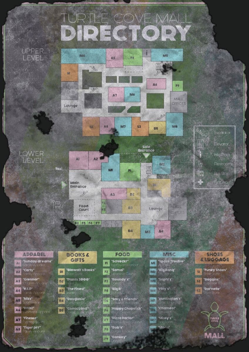 abandoned mall map, carte de JDR post-apocalyptique (848×1201 pixels) — battlemap pour Roll20 et Foundry VTT.