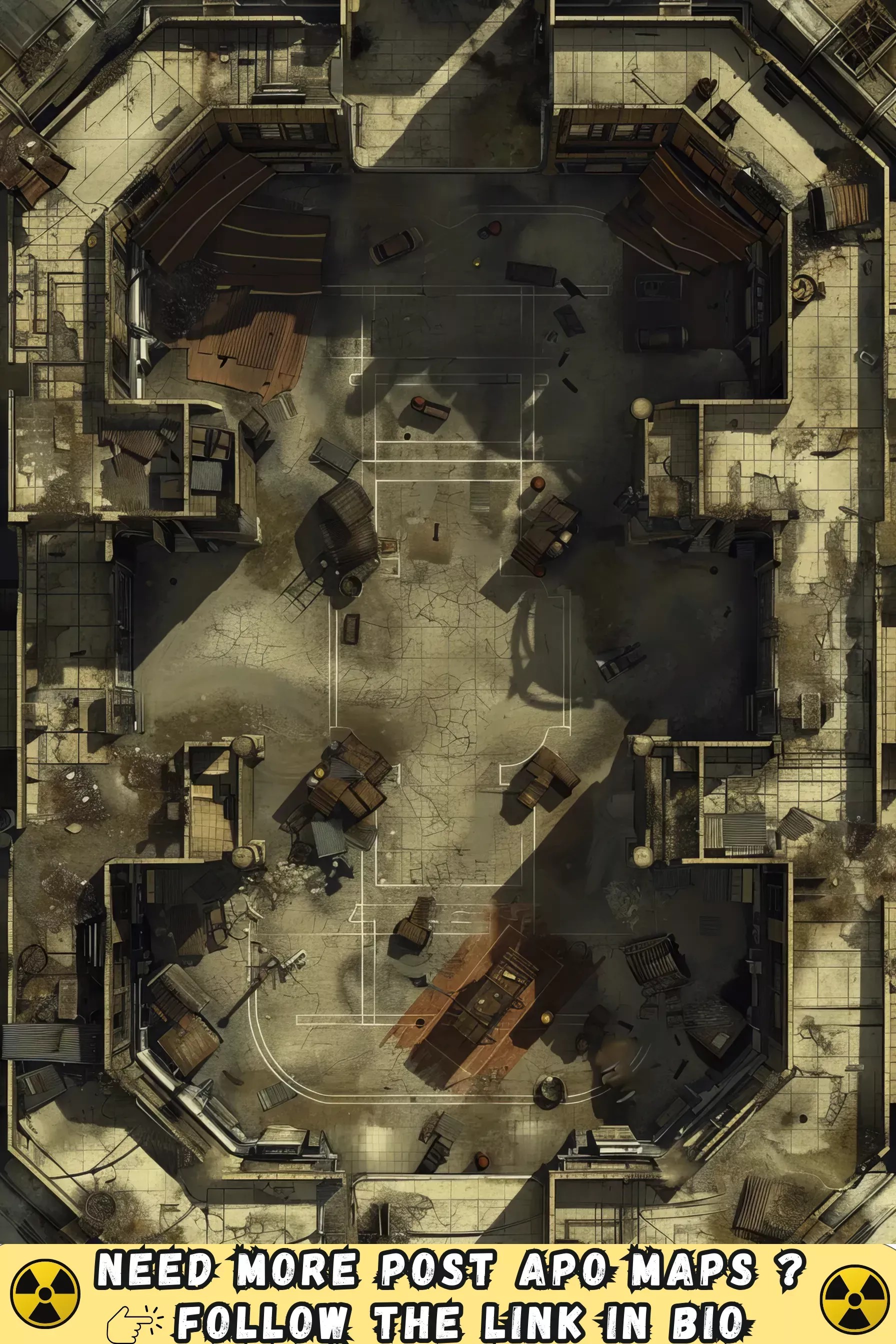 abandoned mall map, carte de JDR post-apocalyptique (1792×2688 pixels) — battlemap pour Roll20 et Foundry VTT.