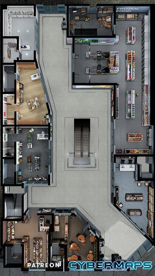 abandoned mall map, carte de JDR post-apocalyptique (500×889 pixels) — battlemap pour Roll20 et Foundry VTT.