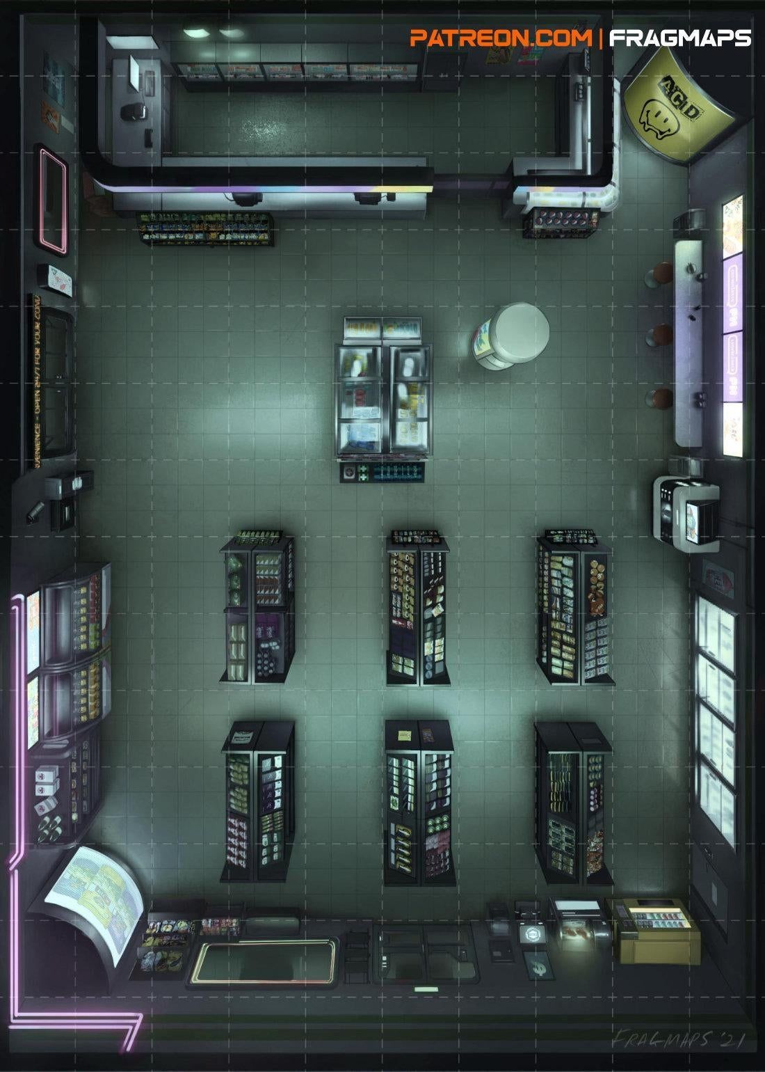abandoned mall map, carte de JDR post-apocalyptique (1100×1540 pixels) — battlemap pour Roll20 et Foundry VTT.