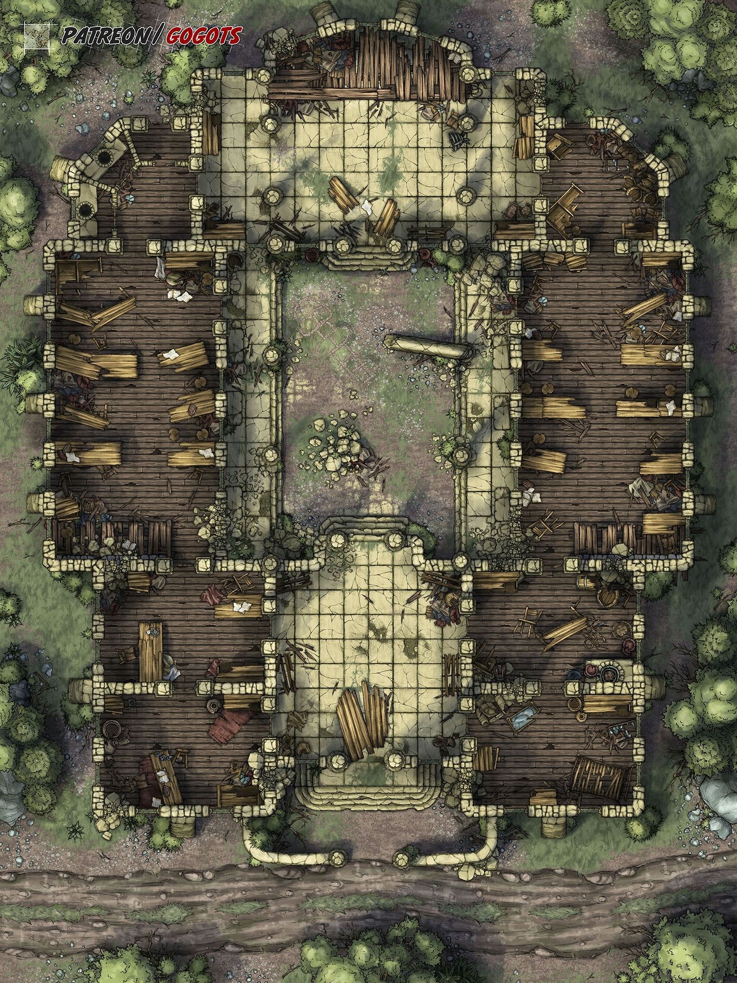 abandoned school ruined map, carte de JDR post-apocalyptique (1500×2000 pixels) — battlemap pour Roll20 et Foundry VTT.