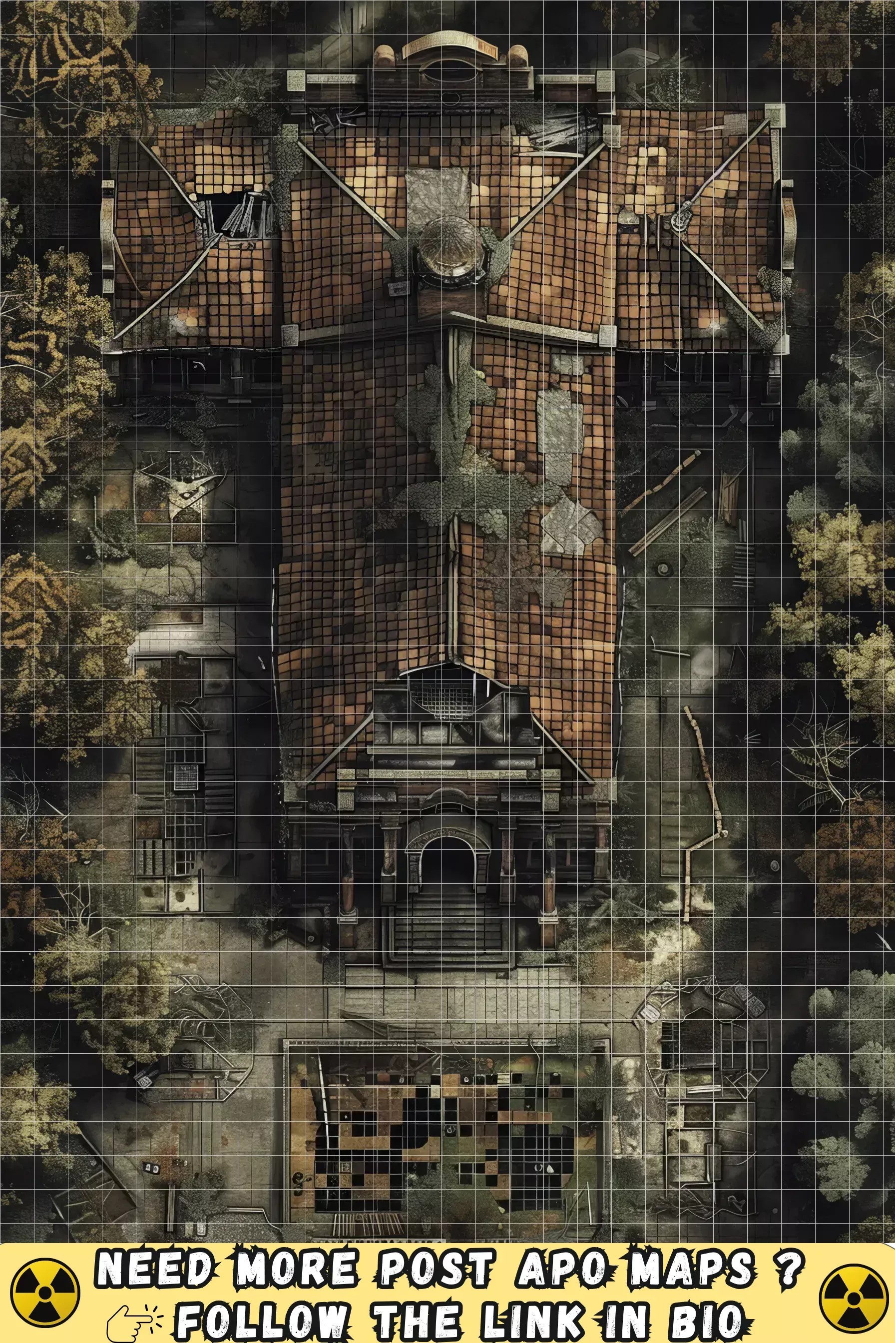 abandoned school ruined map, carte de JDR post-apocalyptique (1792×2688 pixels) — battlemap pour Roll20 et Foundry VTT.