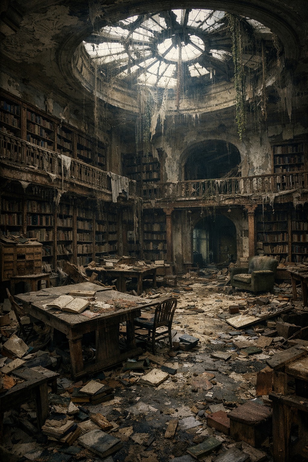 abandoned school ruined map, carte de JDR post-apocalyptique (1024×1536 pixels) — battlemap pour Roll20 et Foundry VTT.