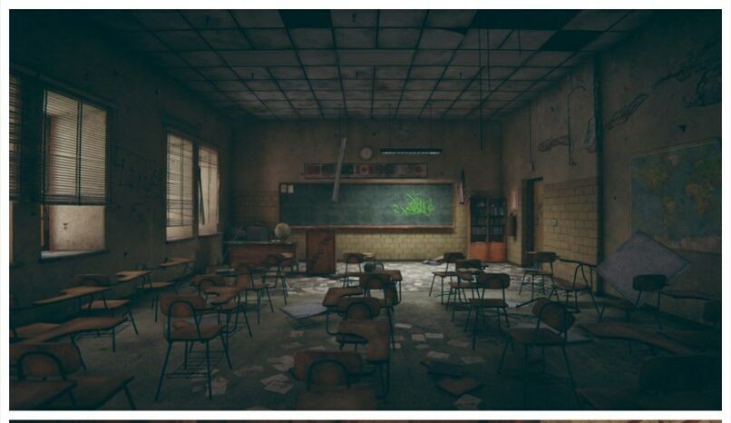 abandoned school ruined map, carte de JDR post-apocalyptique (806×466 pixels) — battlemap pour Roll20 et Foundry VTT.
