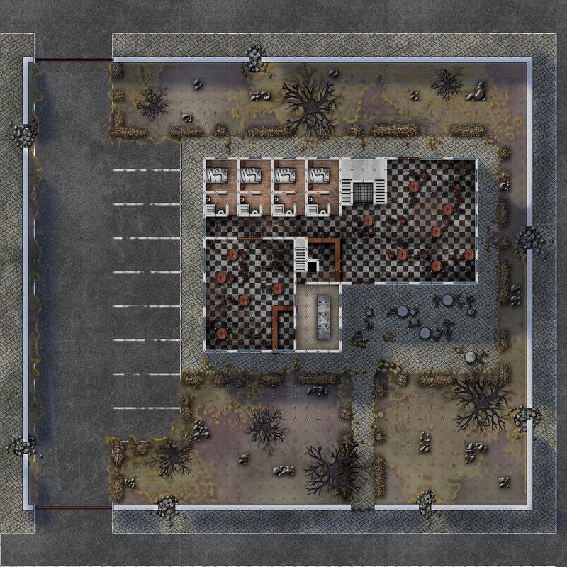 abandoned school ruined map, carte de JDR post-apocalyptique (800×800 pixels) — battlemap pour Roll20 et Foundry VTT.