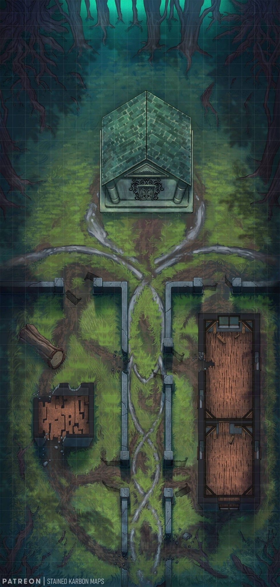 abandoned school ruined map, carte de JDR post-apocalyptique (979×2048 pixels) — battlemap pour Roll20 et Foundry VTT.