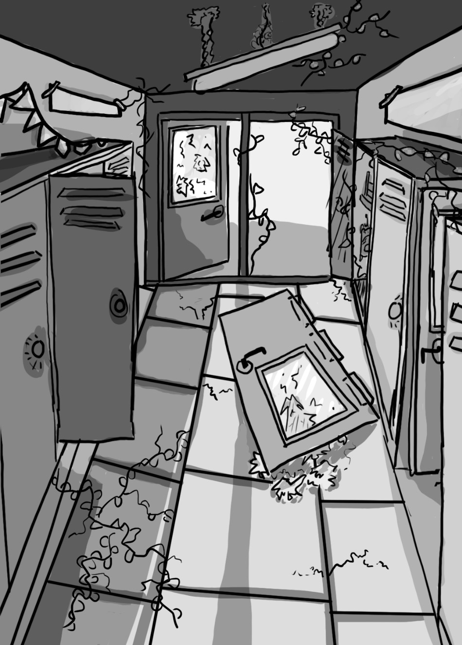 abandoned school ruined map, carte de JDR post-apocalyptique (950×1325 pixels) — battlemap pour Roll20 et Foundry VTT.