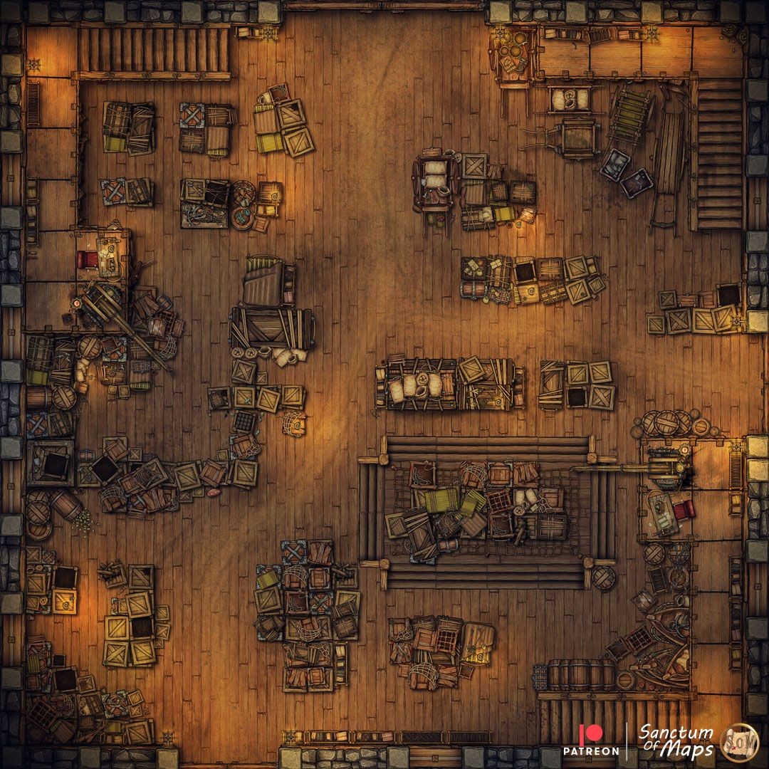 abandoned warehouse ruined map, carte de JDR post-apocalyptique (1080×1080 pixels) — battlemap pour Roll20 et Foundry VTT.