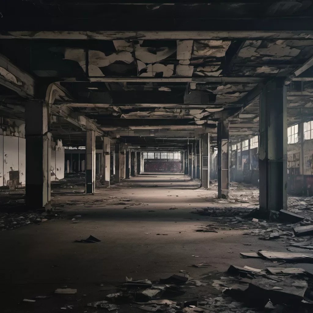 abandoned warehouse ruined map, carte de JDR post-apocalyptique (1024×1024 pixels) — battlemap pour Roll20 et Foundry VTT.