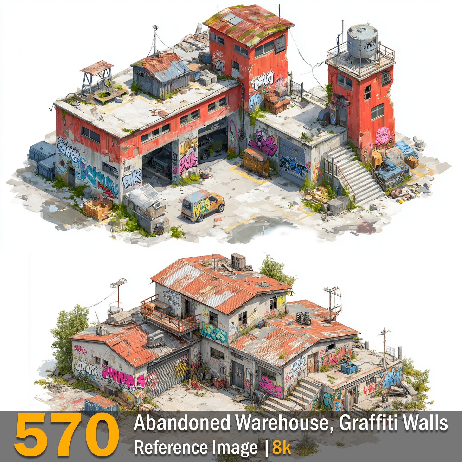 abandoned warehouse ruined map, carte de JDR post-apocalyptique (1920×1920 pixels) — battlemap pour Roll20 et Foundry VTT.