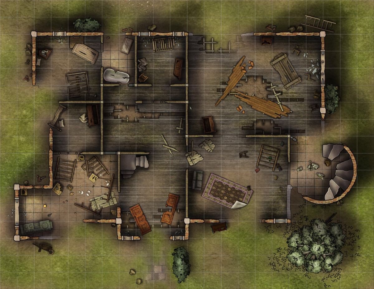 abandoned warehouse ruined map, carte de JDR post-apocalyptique (1200×927 pixels) — battlemap pour Roll20 et Foundry VTT.