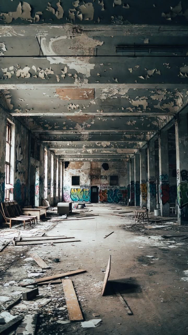 abandoned warehouse ruined map, carte de JDR post-apocalyptique (720×1280 pixels) — battlemap pour Roll20 et Foundry VTT.