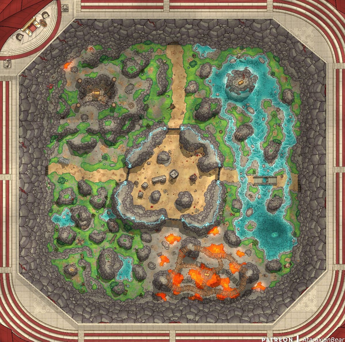 arena map dnd, carte de JDR fantasy (1200×1189 pixels) — battlemap pour Roll20 et Foundry VTT.