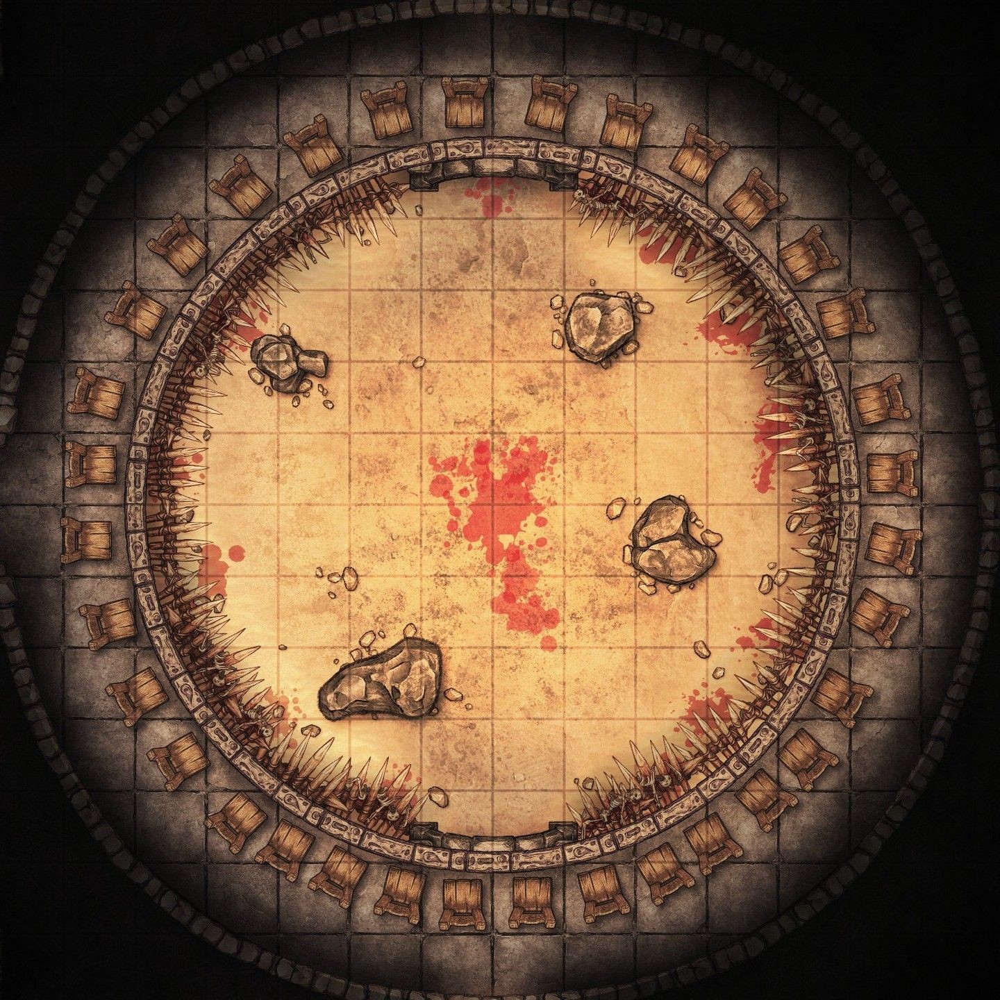 arena map dnd, carte de JDR fantasy (1440×1440 pixels) — battlemap pour Roll20 et Foundry VTT.