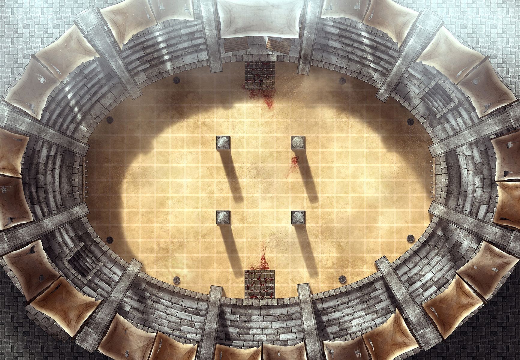 arena map dnd, carte de JDR fantasy (1733×1200 pixels) — battlemap pour Roll20 et Foundry VTT.