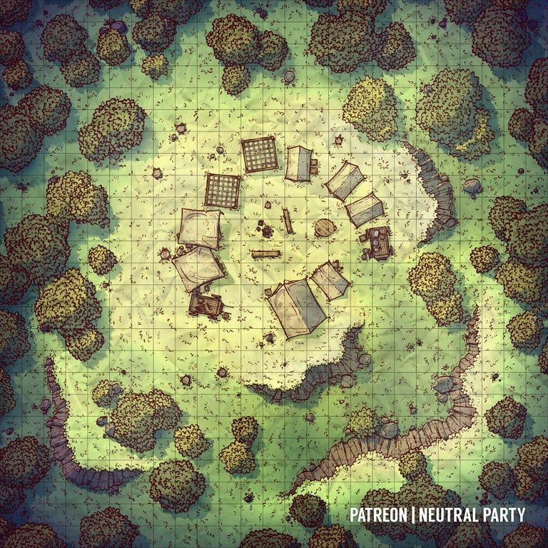 bandit camp map dnd, carte de JDR fantasy (768×768 pixels) — battlemap pour Roll20 et Foundry VTT.