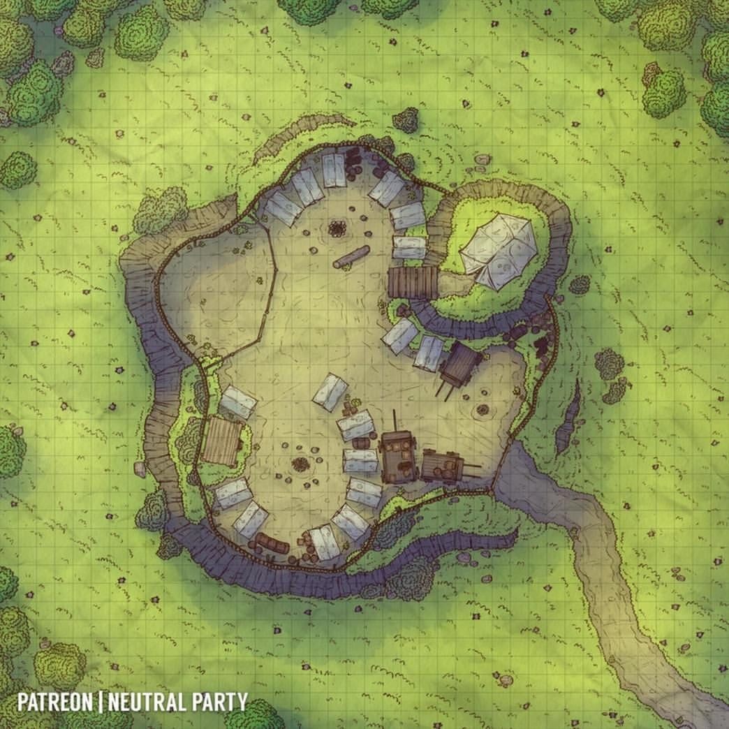 bandit camp map dnd, carte de JDR fantasy (1044×1044 pixels) — battlemap pour Roll20 et Foundry VTT.
