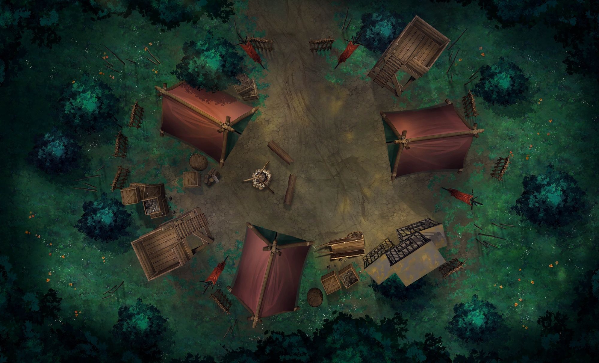 bandit camp map dnd, carte de JDR fantasy (2000×1212 pixels) — battlemap pour Roll20 et Foundry VTT.