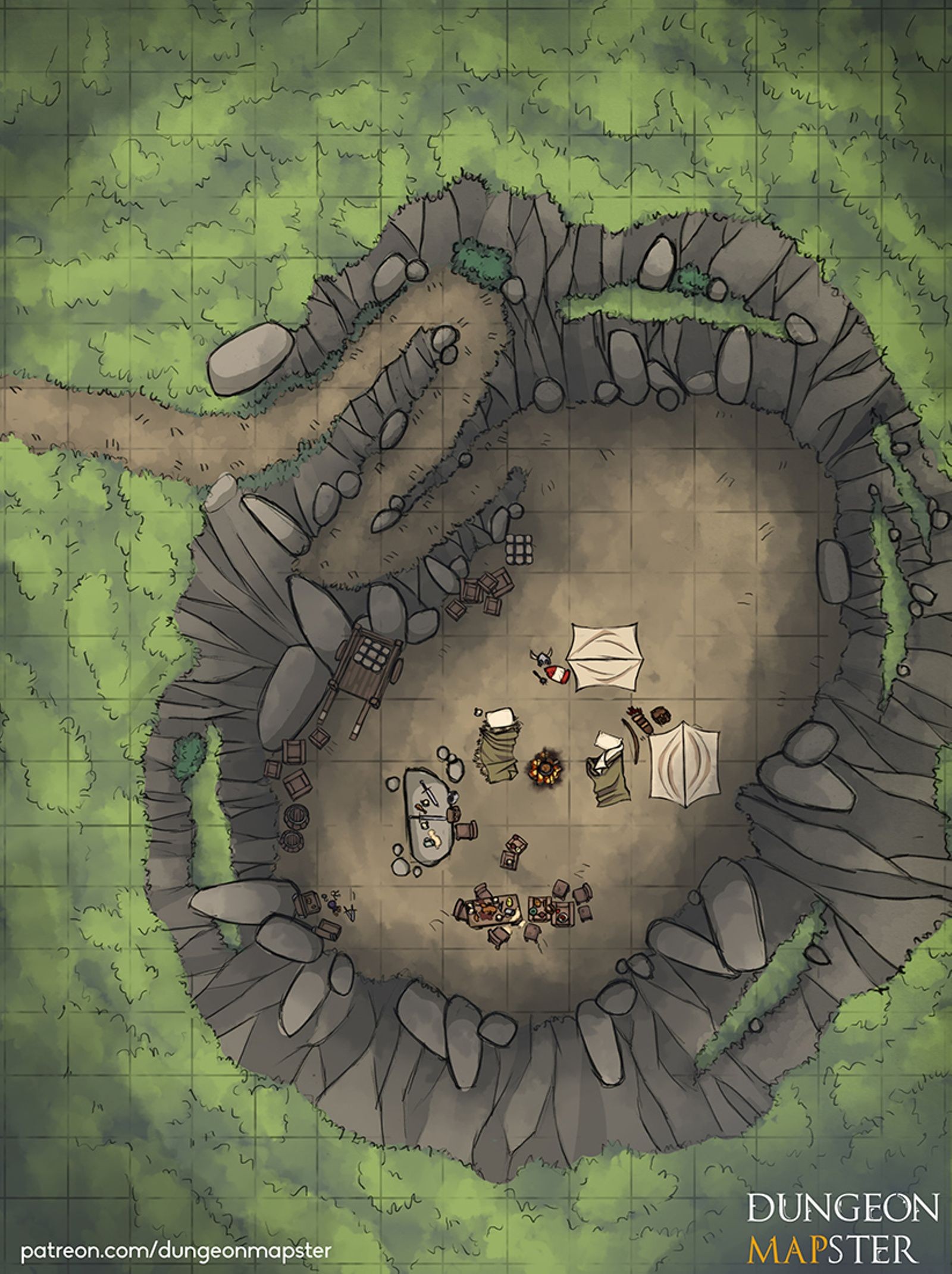 bandit camp map dnd, carte de JDR fantasy (1600×2141 pixels) — battlemap pour Roll20 et Foundry VTT.