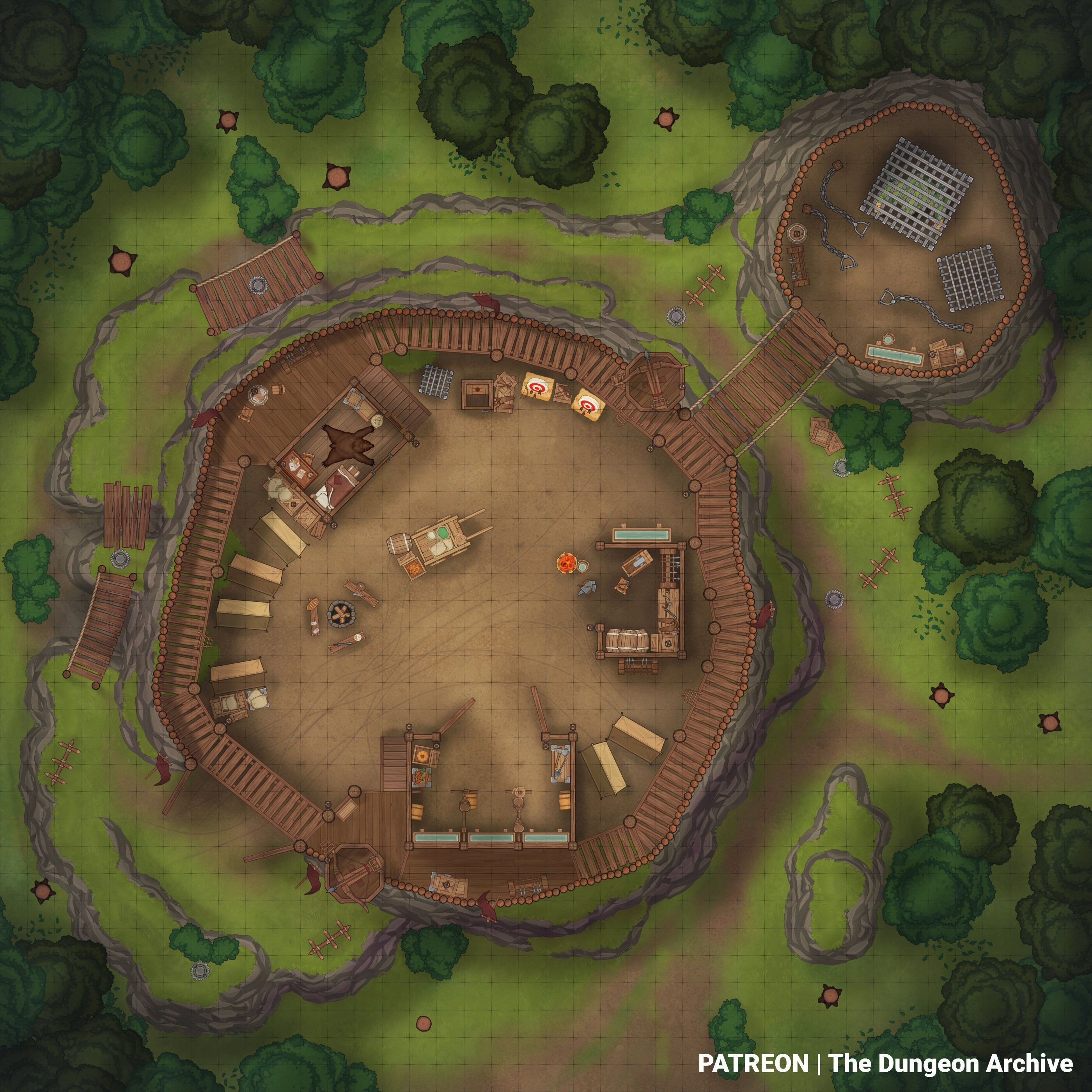 bandit camp map dnd, carte de JDR fantasy (2800×2800 pixels) — battlemap pour Roll20 et Foundry VTT.