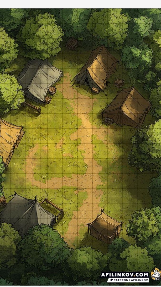 bandit camp map dnd, carte de JDR fantasy (675×1200 pixels) — battlemap pour Roll20 et Foundry VTT.