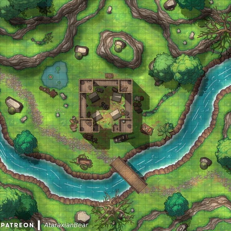 bandit camp map dnd, carte de JDR fantasy (736×736 pixels) — battlemap pour Roll20 et Foundry VTT.