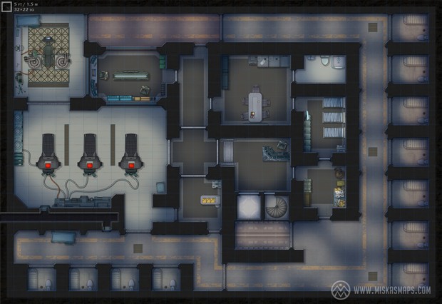 biolab sci-fi map, carte de JDR science-fiction (620×426 pixels) — battlemap pour Roll20 et Foundry VTT.
